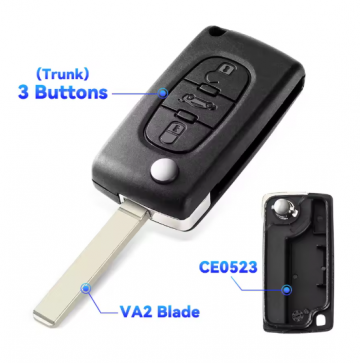 TopLEDverlichting.nl Peugeot en Citroën / Sleutelbaard VA2 / Sleutelcode CE0523 / 3 knops / Achterklep knop / 3 knoppen Autosleutel behuizing foto 1